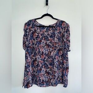Maurices Blue/Pink Floral Rushed-Sleeve Flowy Top Size 1X